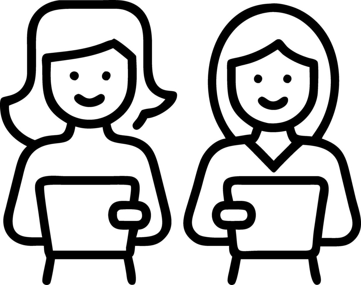 Two happy business women of young and middle age talking standing in creative green office space Smiling professional ladies employees colleagues having conversation using digital Set 6 vector