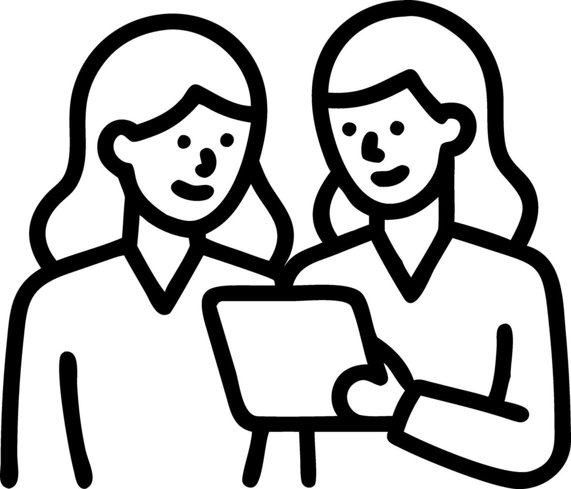 Two happy busy business women talking using tab working together standing in office professional female colleagues employees looking at digital tablet tech discussing corporate pro vector