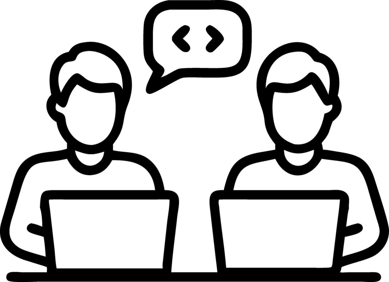 Two diverse professional male software engineers discussing project teamwork sharing ideas at office desk with laptop vector