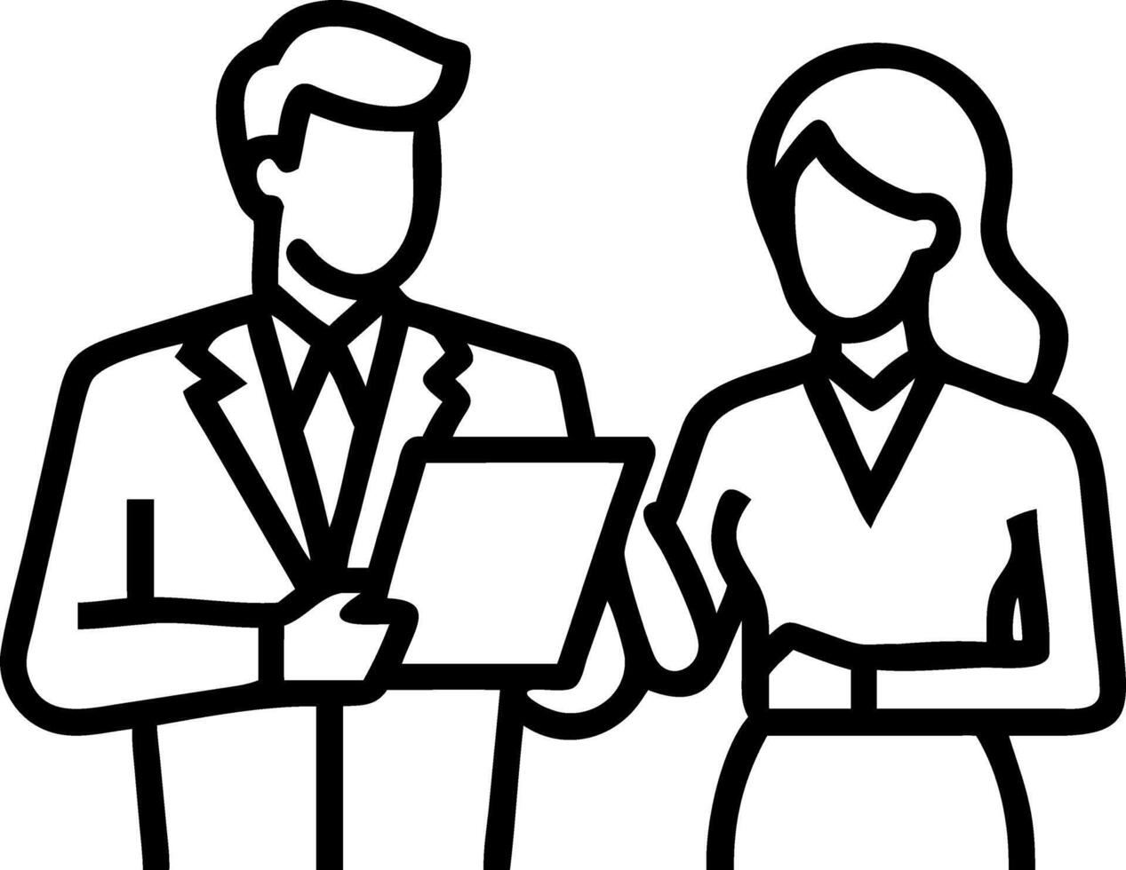 Two busy older professional corporate business executives man and woman wearing suits holding tablet technology device having discussion working on digital project plan standing in Set 2 vector