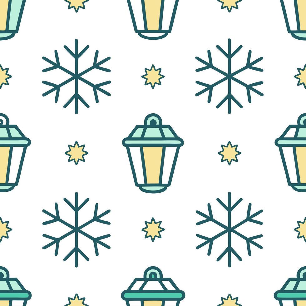 Twinkling snowflake and lantern seamless tile pattern with glowing winter accents vector