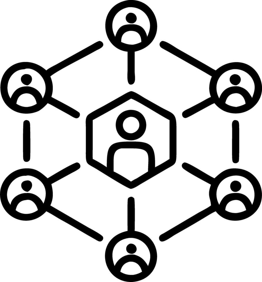 Team collaboration depicted by a central holographic node surrounded by people icons representing teamwork and collaboration within a network Set 2 vector