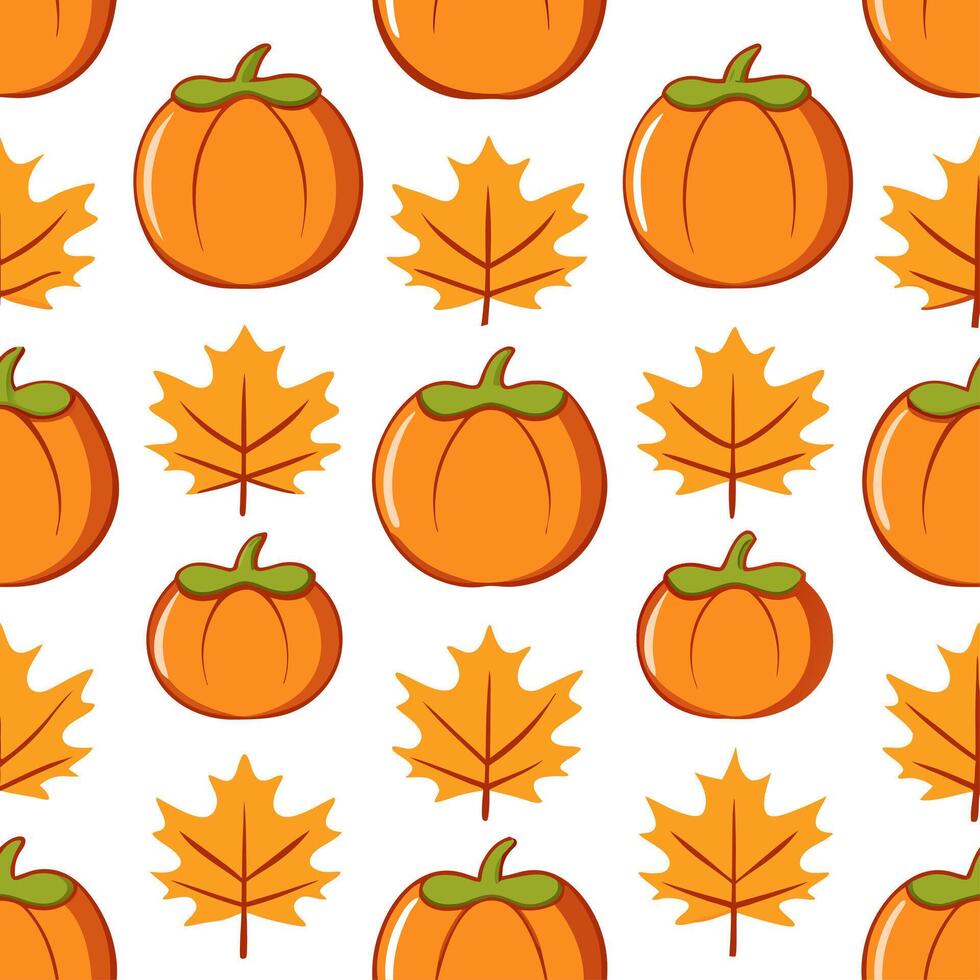 Sweet persimmon seamless tile pattern with bright orange fruits and autumn leaves vector