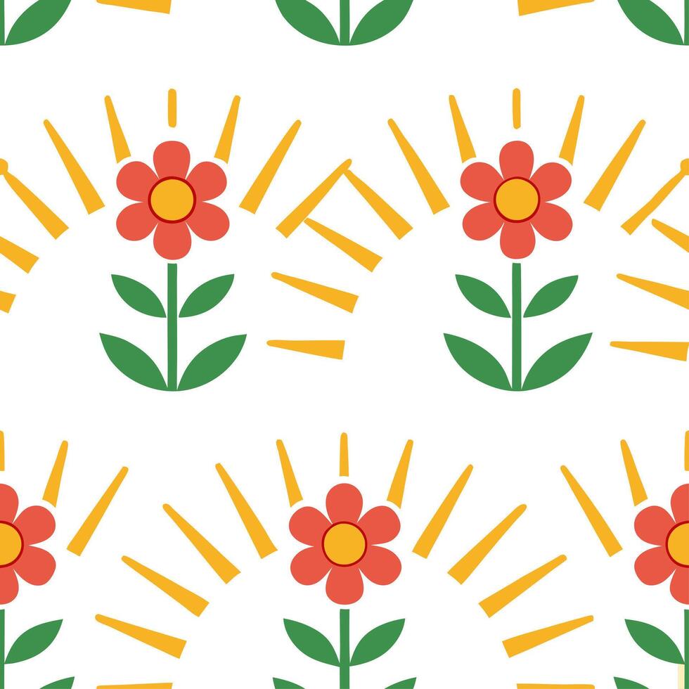 Sun kissed garden flowers seamless tile pattern with golden rays highlighting vibrant blooms vector