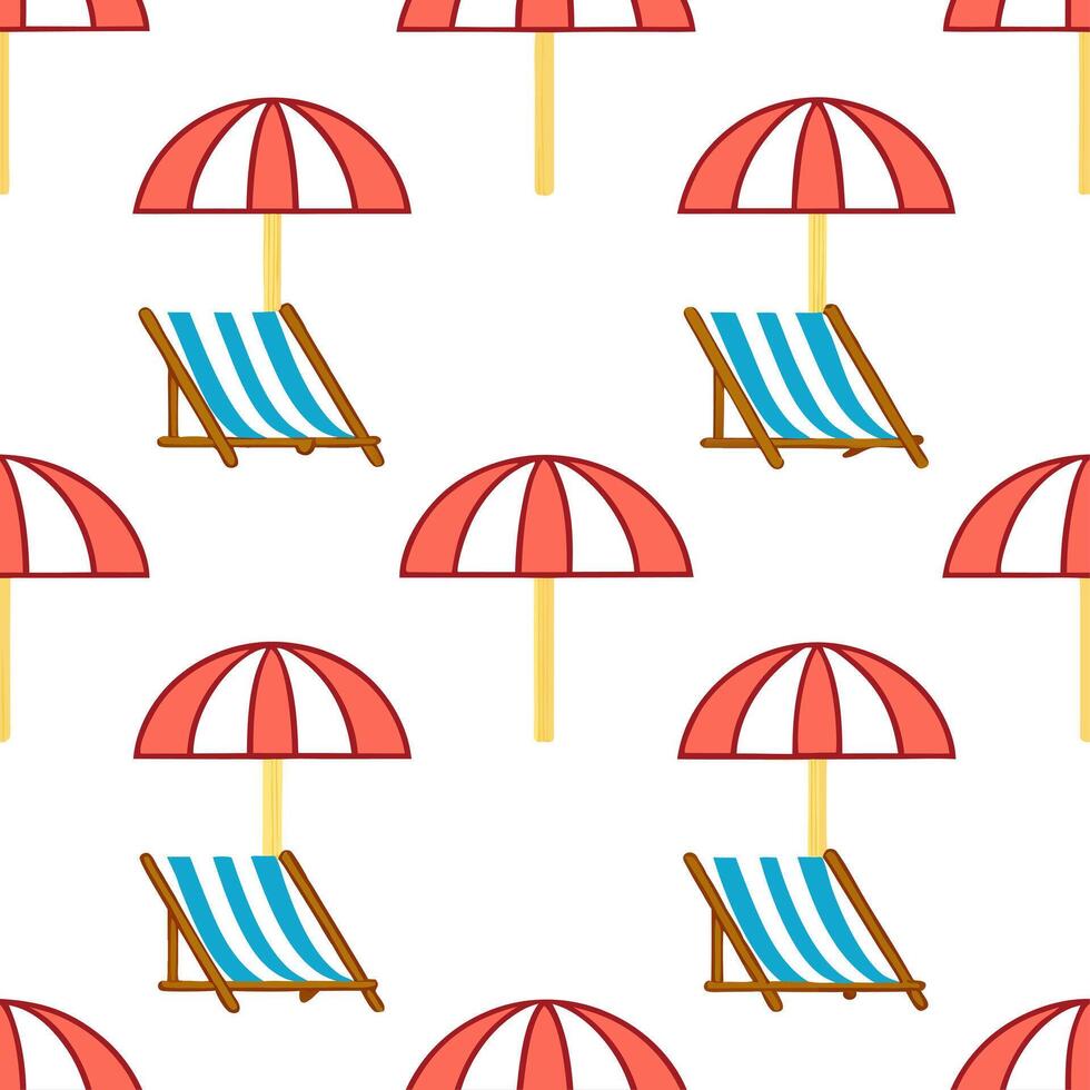 Summer bright seamless pattern with colorful umbrellas and beach chairs for a relaxing coastal design vector