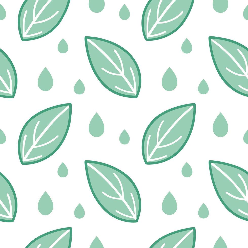 Spring nature seamless pattern with gentle rain droplets on leaves and soft green hues for serene designs vector