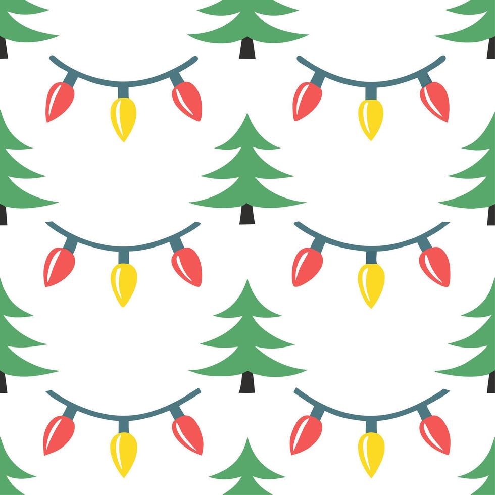 Sparkling Christmas lights and snow covered pine trees seamless tile pattern with festive glow vector