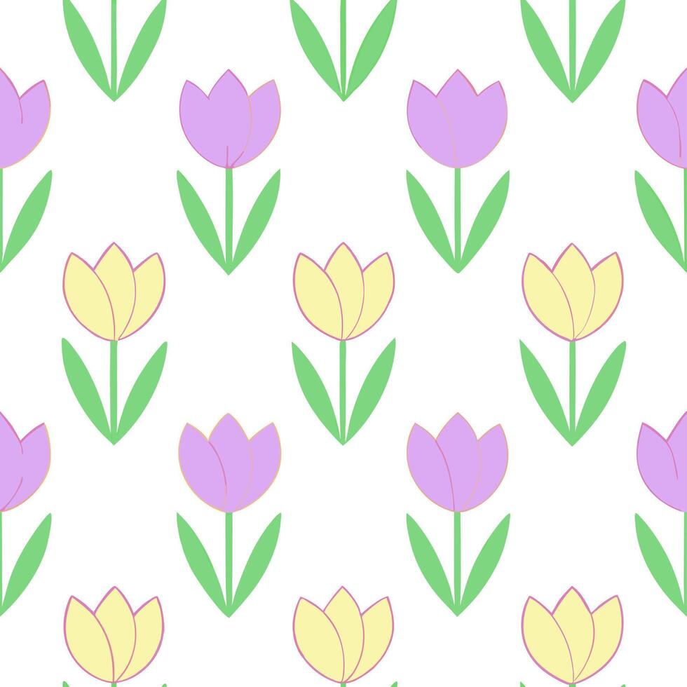 Soft spring sunshine and blooming tulips seamless tile pattern with pastel colors and fresh energy vector