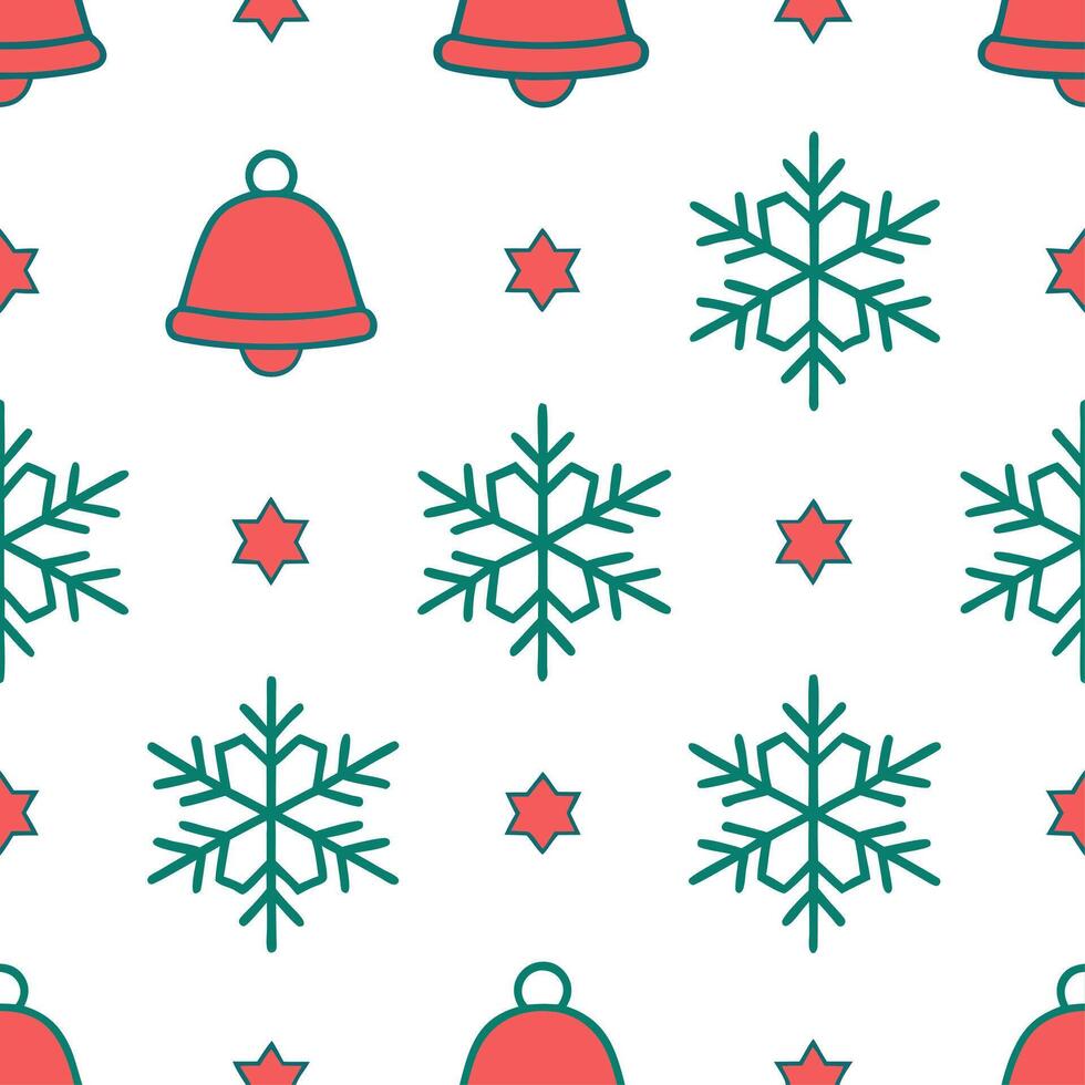 Snowflake and holiday bells seamless tile pattern with sparkling winter accents and festive tones vector