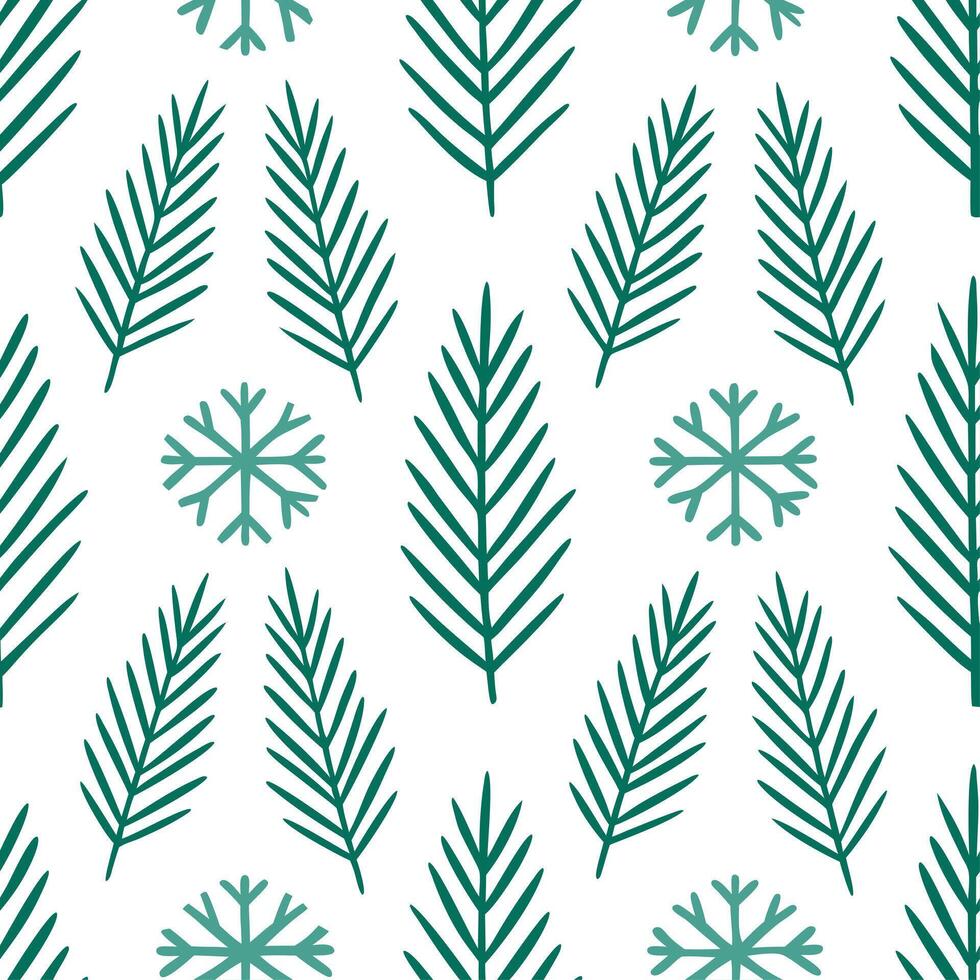 Snowflake and evergreen branch seamless tile pattern with icy accents and winter elegance vector