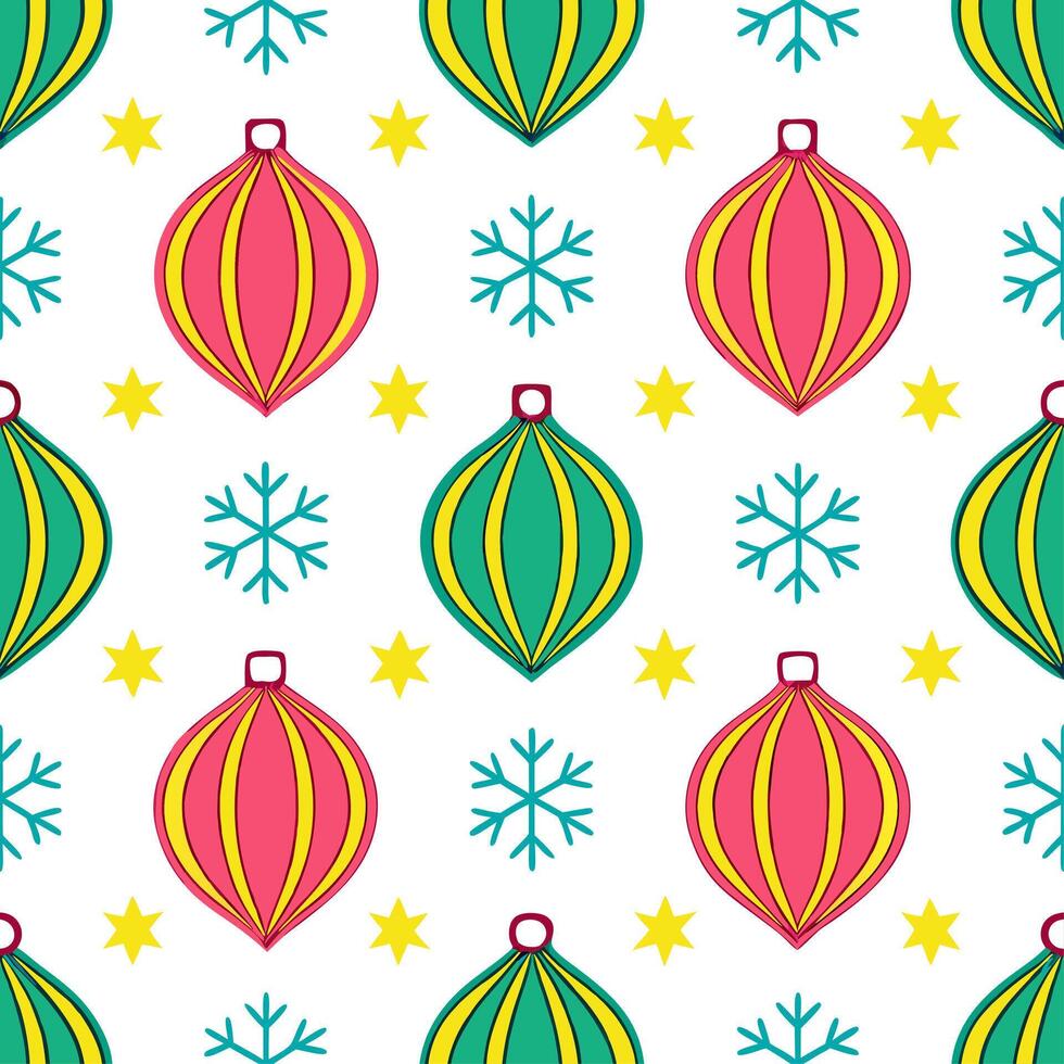 Snowflake and holiday ornament seamless tile pattern with colorful festive elements vector