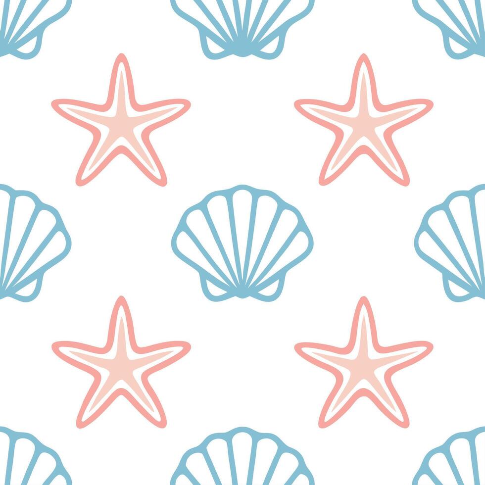 Seashell and starfish seamless tile pattern with beach motifs and soft summer hues vector
