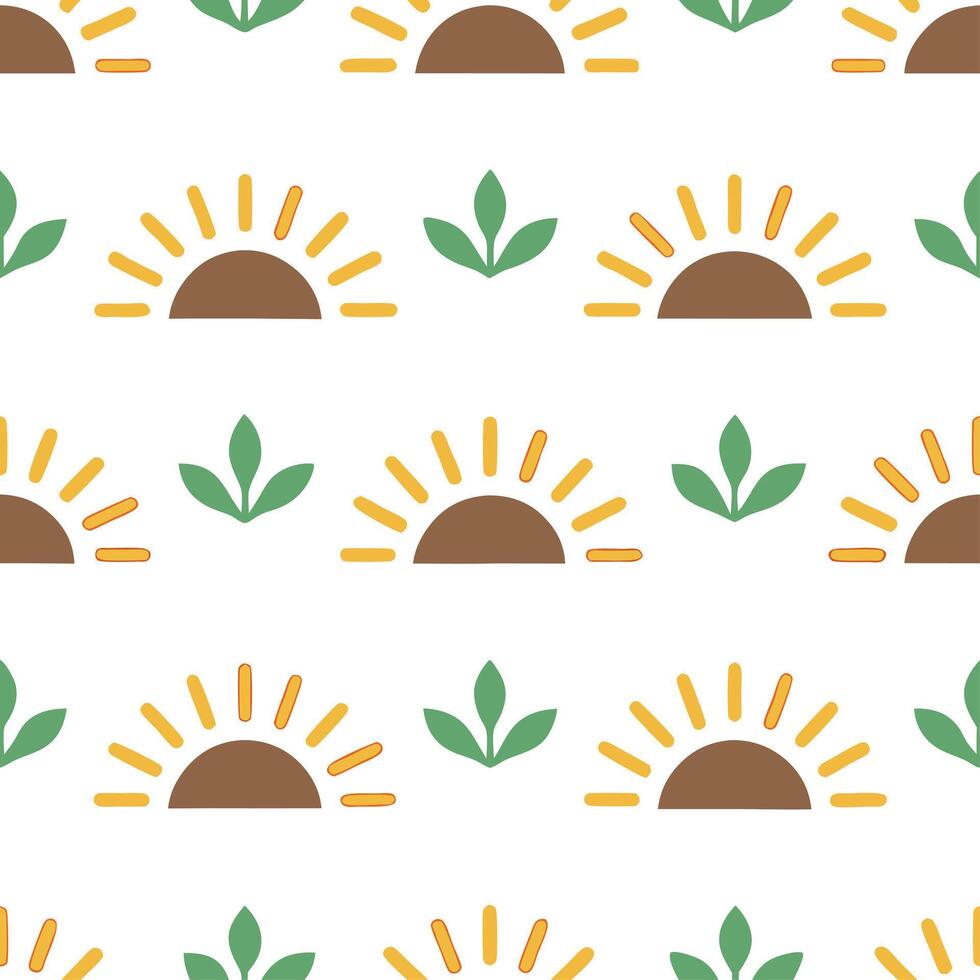 Rustic spring sunshine seamless pattern with warm sunbursts and earthy textures for organic nature inspired designs vector