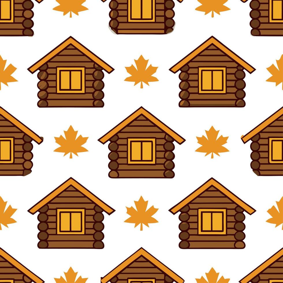 Rustic wooden cabin seamless tile pattern with warm lights and autumn foliage vector