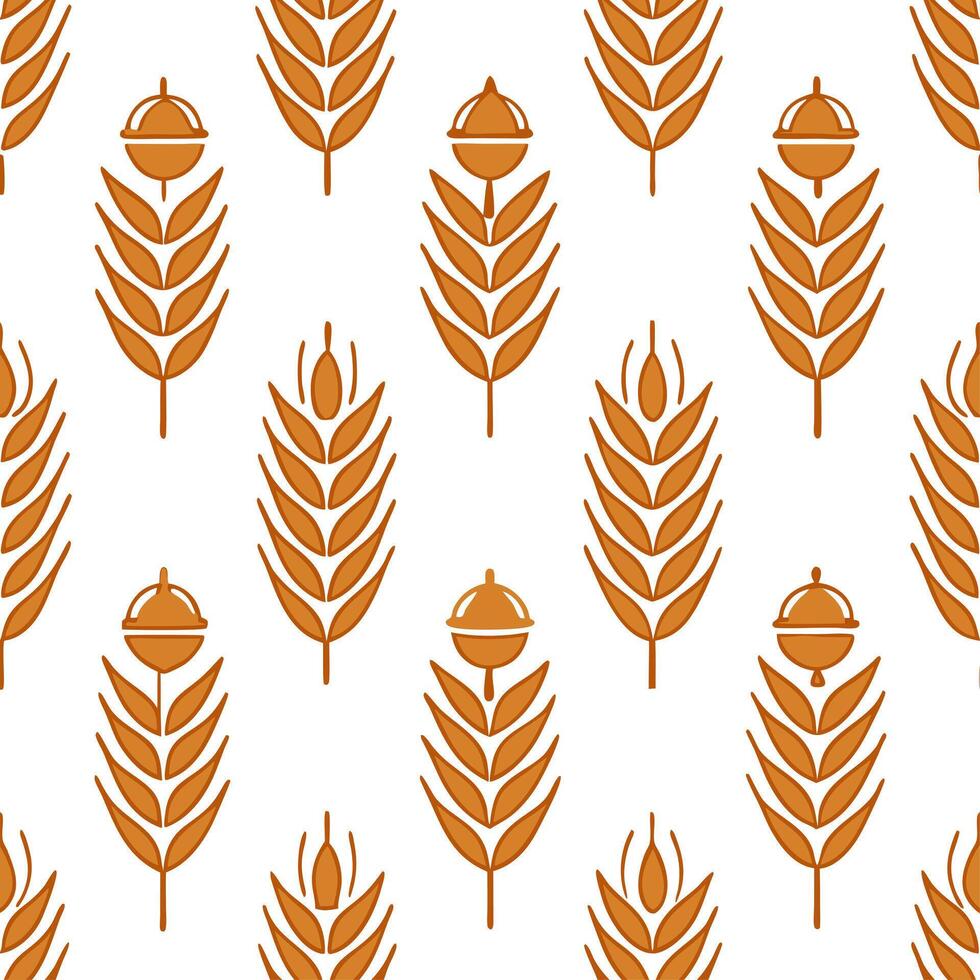 Rustic autumn seamless pattern with wheat stalks acorns and rustic textures for a farmhouse inspired design vector