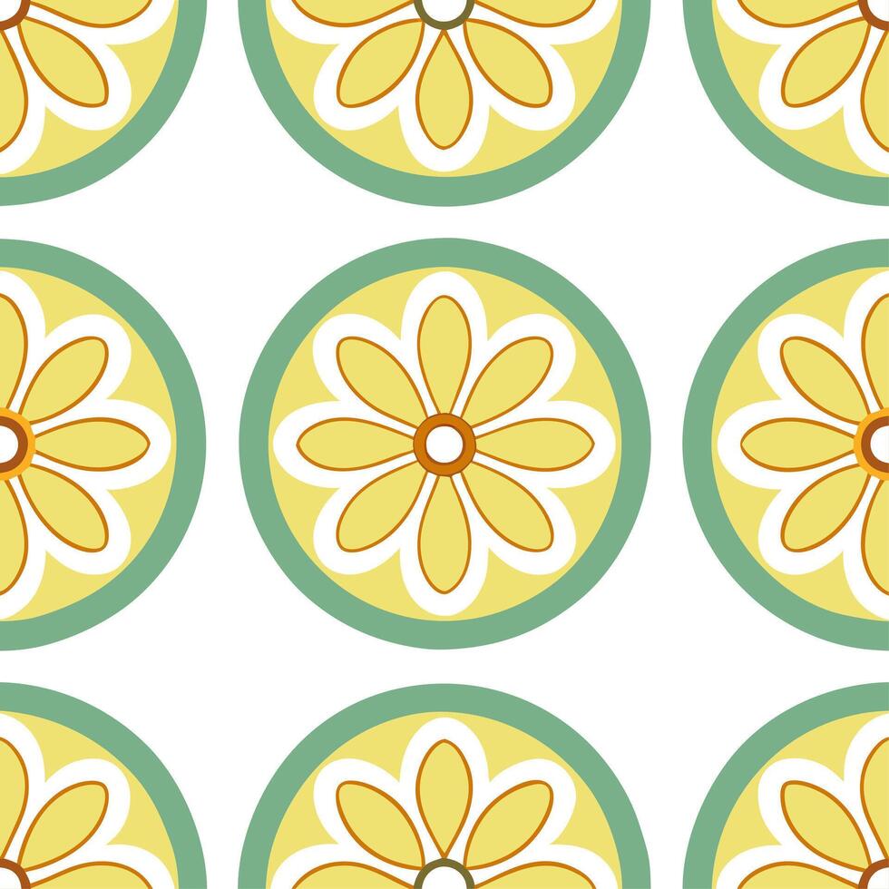 Retro style spring floral seamless pattern with circular elements and bright fresh colors for vibrant spring designs vector