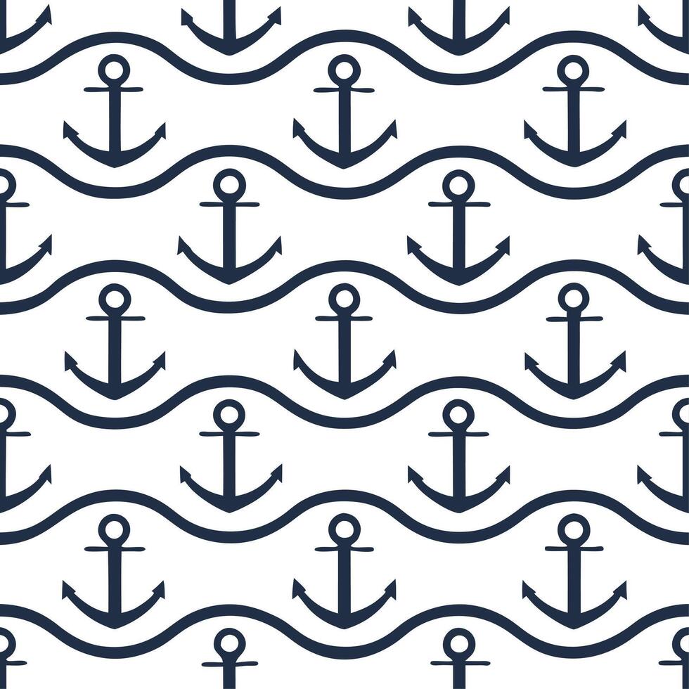 Retro nautical seamless pattern with anchors and waves in classic color schemes for marine themes vector