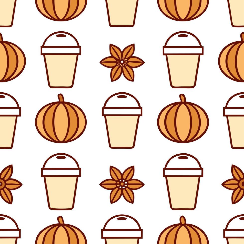 Pumpkin spice latte seamless tile pattern with autumn inspired colors and cozy vibes vector