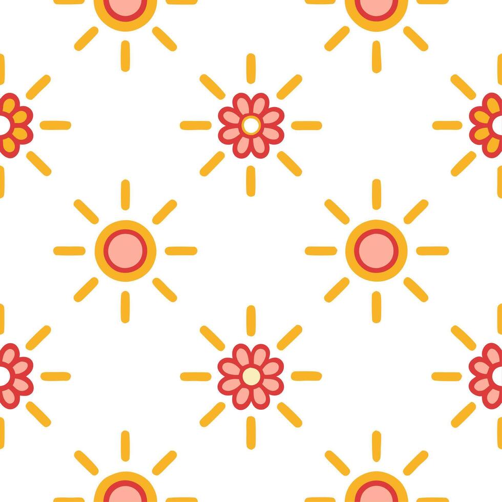 Playful spring sunshine seamless pattern with bright rays and whimsical clouds for fun energetic designs Set 3 vector