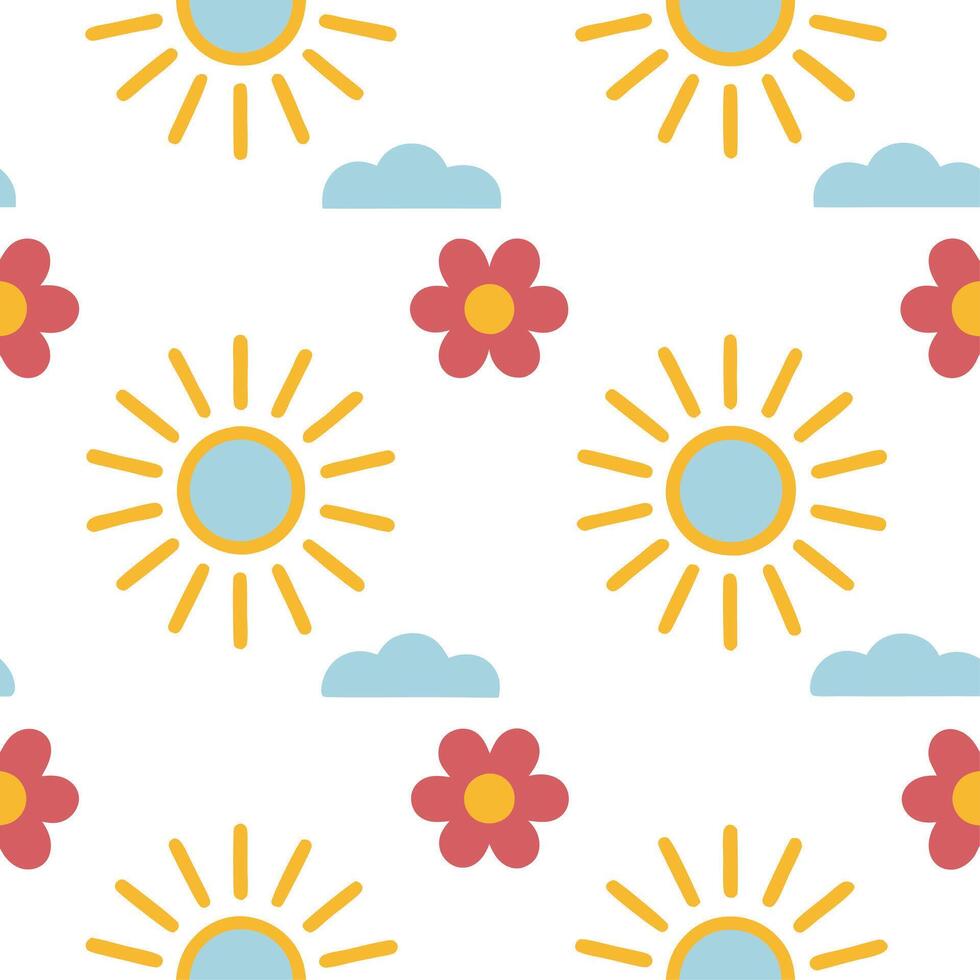 Playful spring sunshine seamless pattern with bright rays and whimsical clouds for fun energetic designs Set 2 vector