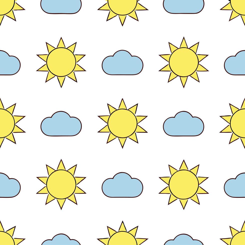 Playful spring sunshine seamless pattern with bright rays and whimsical clouds for fun energetic designs vector
