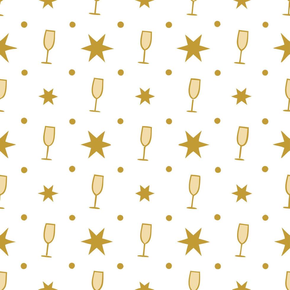 New Year seamless pattern with gold confetti sparkling stars and champagne glasses for an upscale New Year Eve look vector