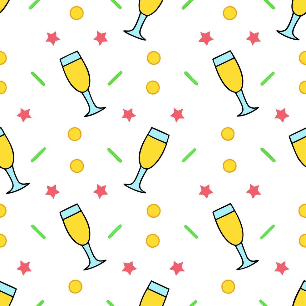 New Year seamless pattern with party poppers champagne glasses and confetti for a bright joyful New Year celebration vector