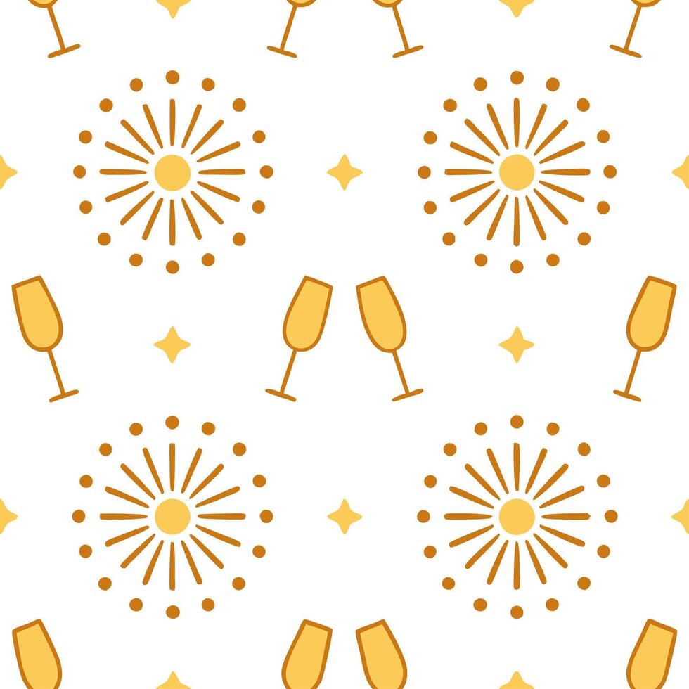 New Year celebration seamless tile pattern with fireworks champagne glasses and festive countdown vibes vector