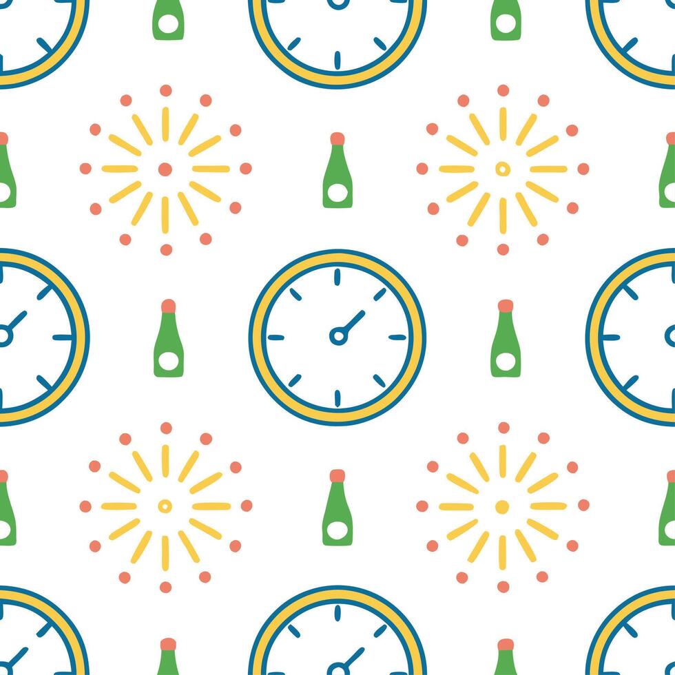 New Year seamless pattern with clocks fireworks and champagne bottles to mark the countdown to the New Year vector