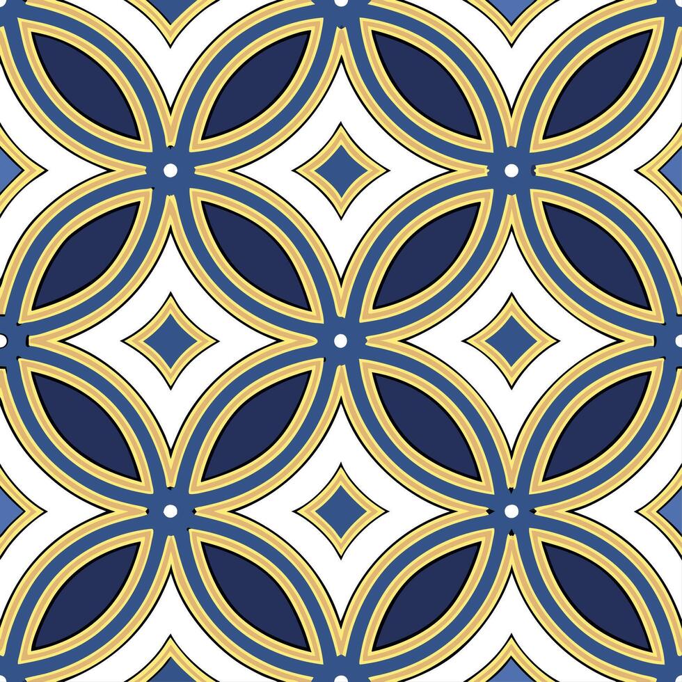 Middle Eastern arabesque and geometric motifs seamless tile pattern with vibrant blues and golds vector