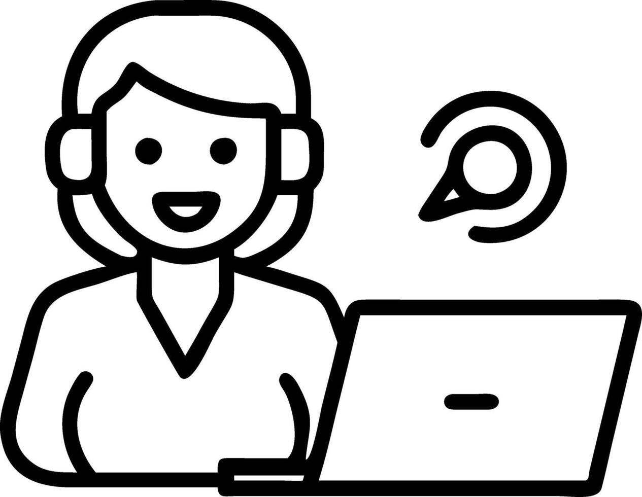 Mature female HR manager smiles while wearing earbud looks at laptop in office having hybrid conference work meeting or remote job interview Set 2 vector