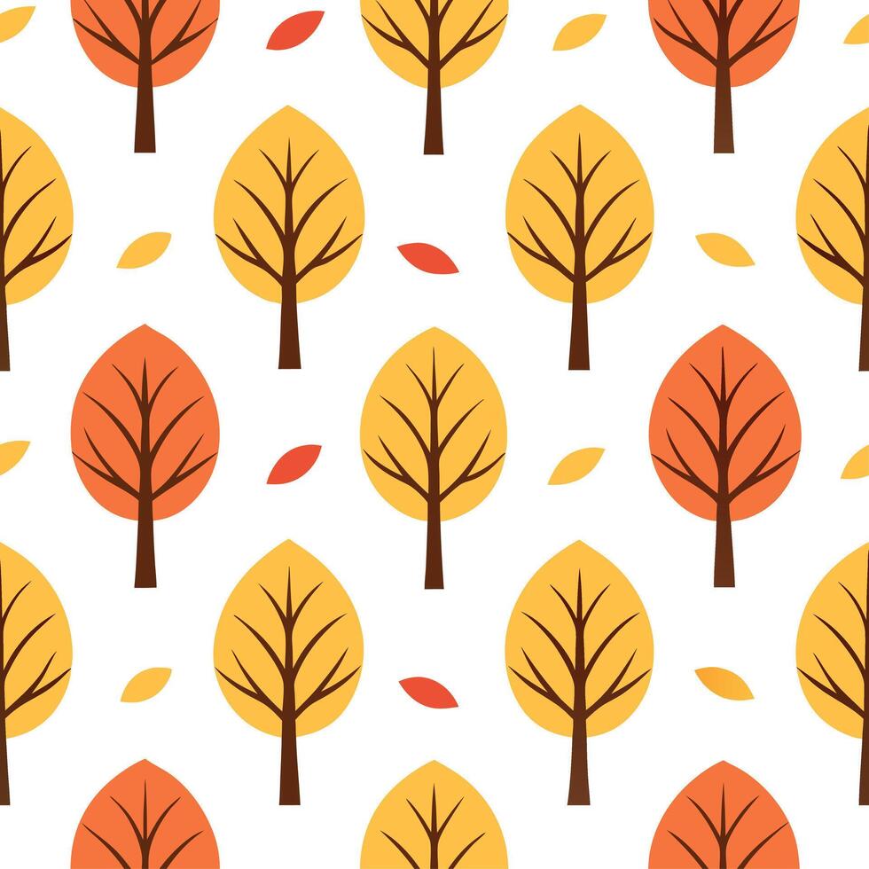 Lively autumn forest seamless tile pattern with colorful trees and fallen leaves vector