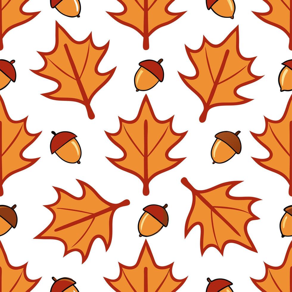 Lively autumn leaves and acorns seamless tile pattern with rich warm colors vector