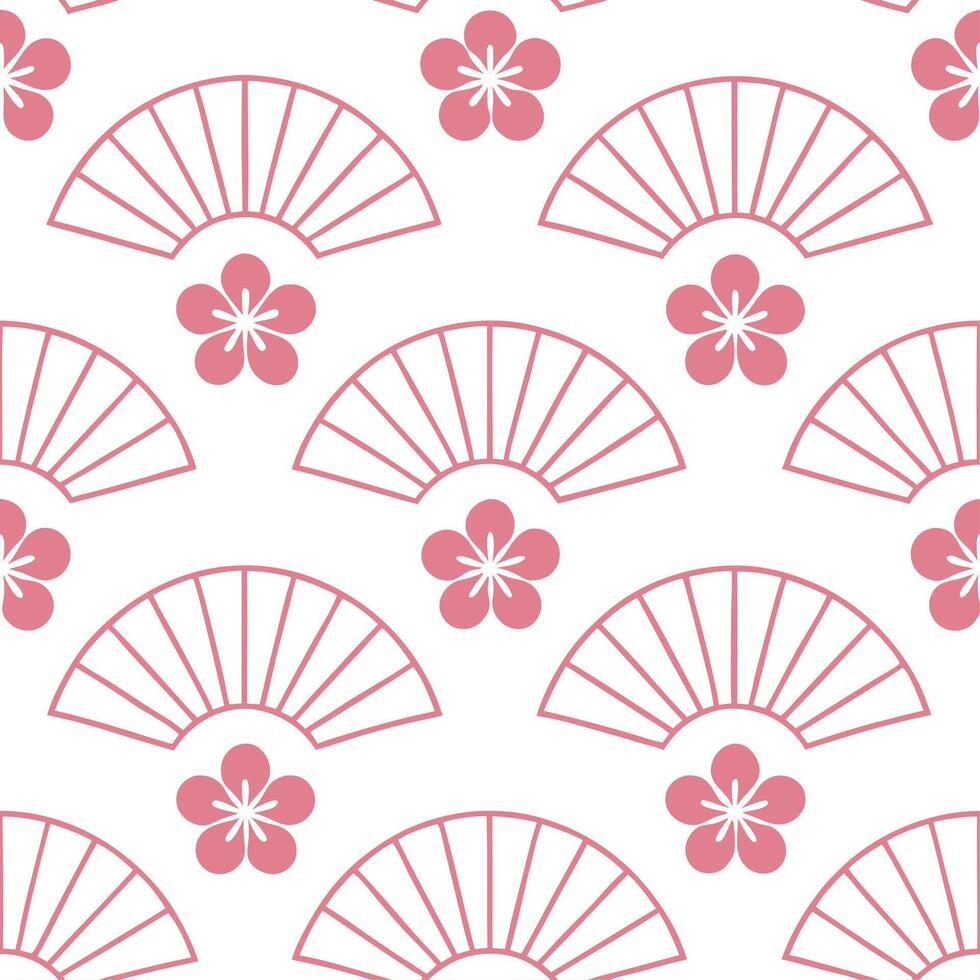 Japanese cherry blossoms and traditional fans seamless tile pattern with soft pink and white tones vector