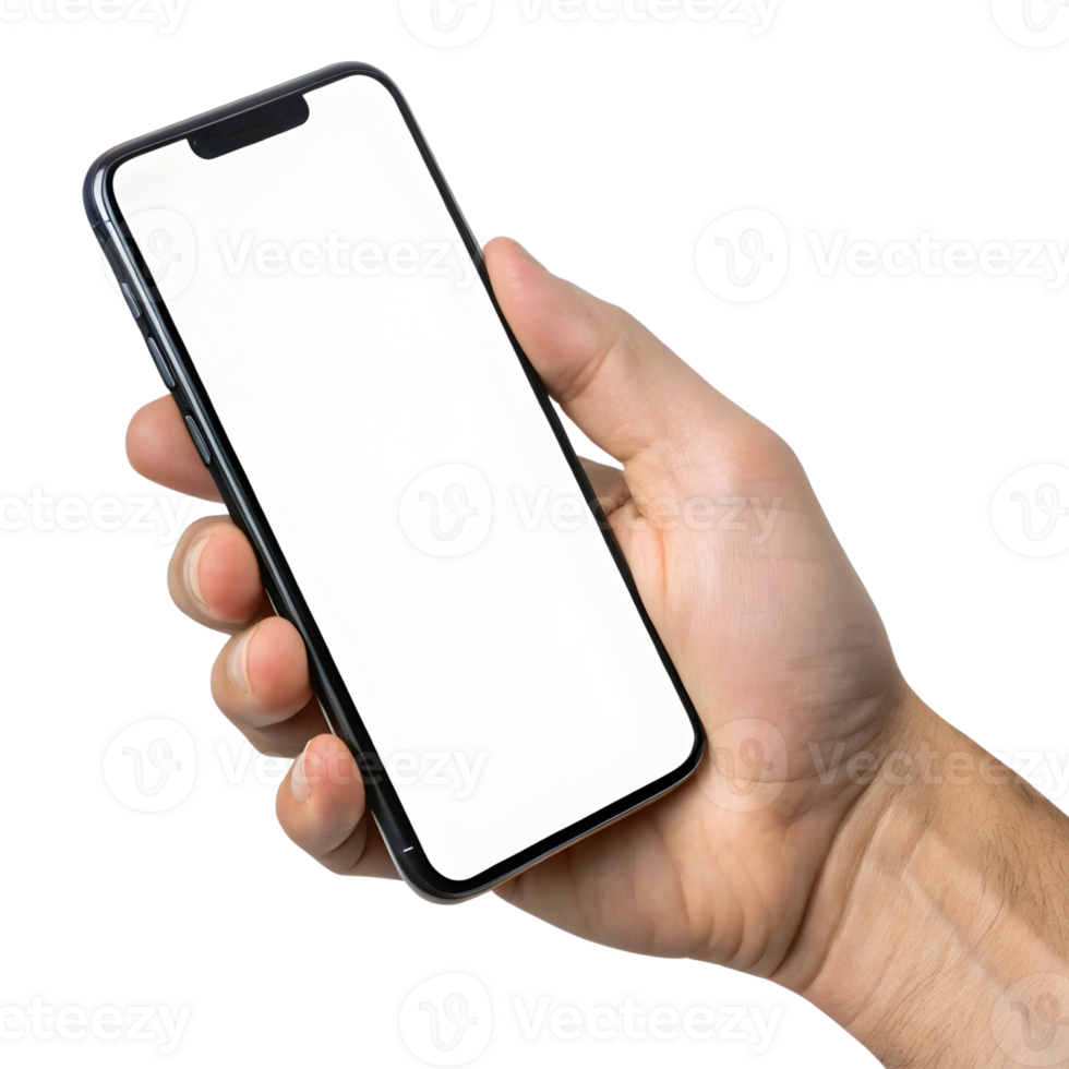 Hand holding a smartphone with a blank screen in a minimalistic setting isolated on transparent background png