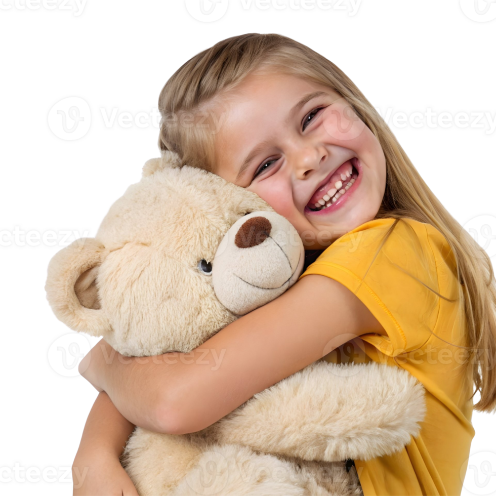 Happy girl hugging a teddy bear in a bright setting with a big smile png