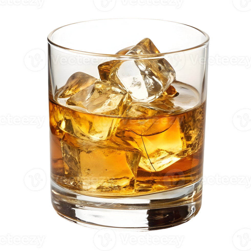 A close up of a whiskey glass filled with amber liquid and clear ice cubes png
