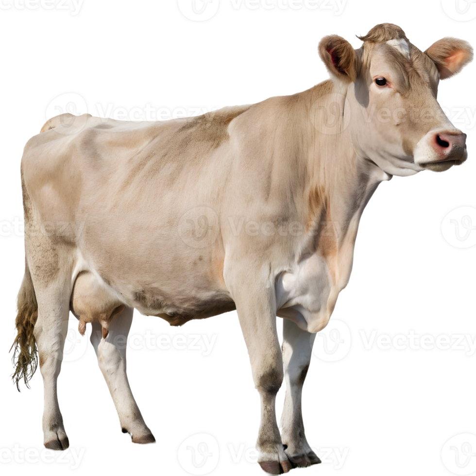Brown cow standing gracefully in a farm setting with a clear sky in the background during midday sunlight png