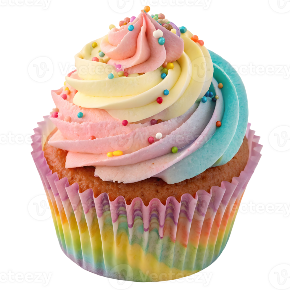 Delightful rainbow cupcake with colorful frosting and sprinkles perfect for celebrations in a bakery setting png
