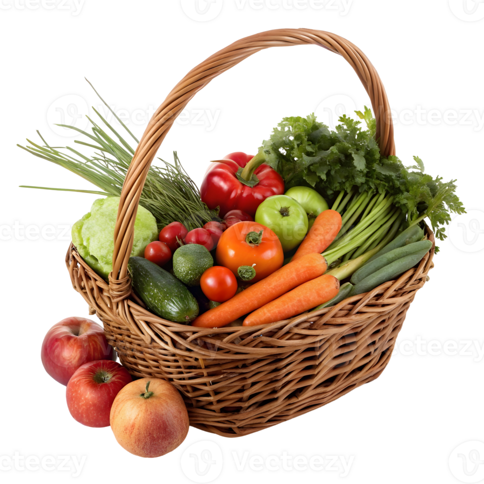 Fresh organic vegetable and fruit basket full of colorful produce arranged neatly for a health focused lifestyle png