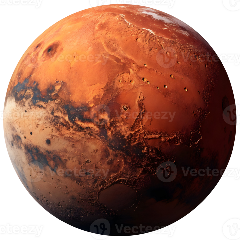 Detailed visual representation of Mars showcasing its unique surface features, including craters and valleys png