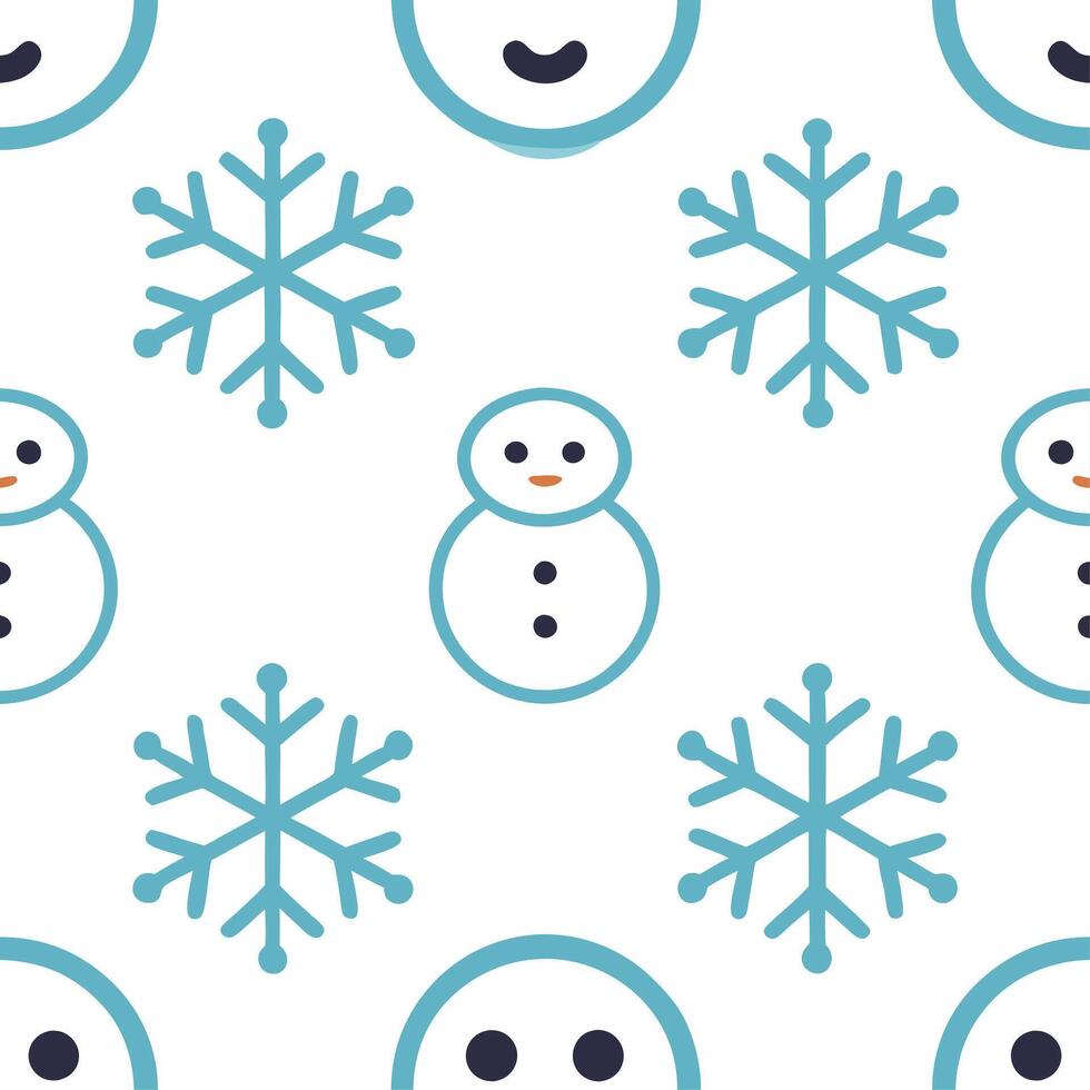 Icy snowflake and snowman seamless tile pattern with playful winter elements and cool tones vector