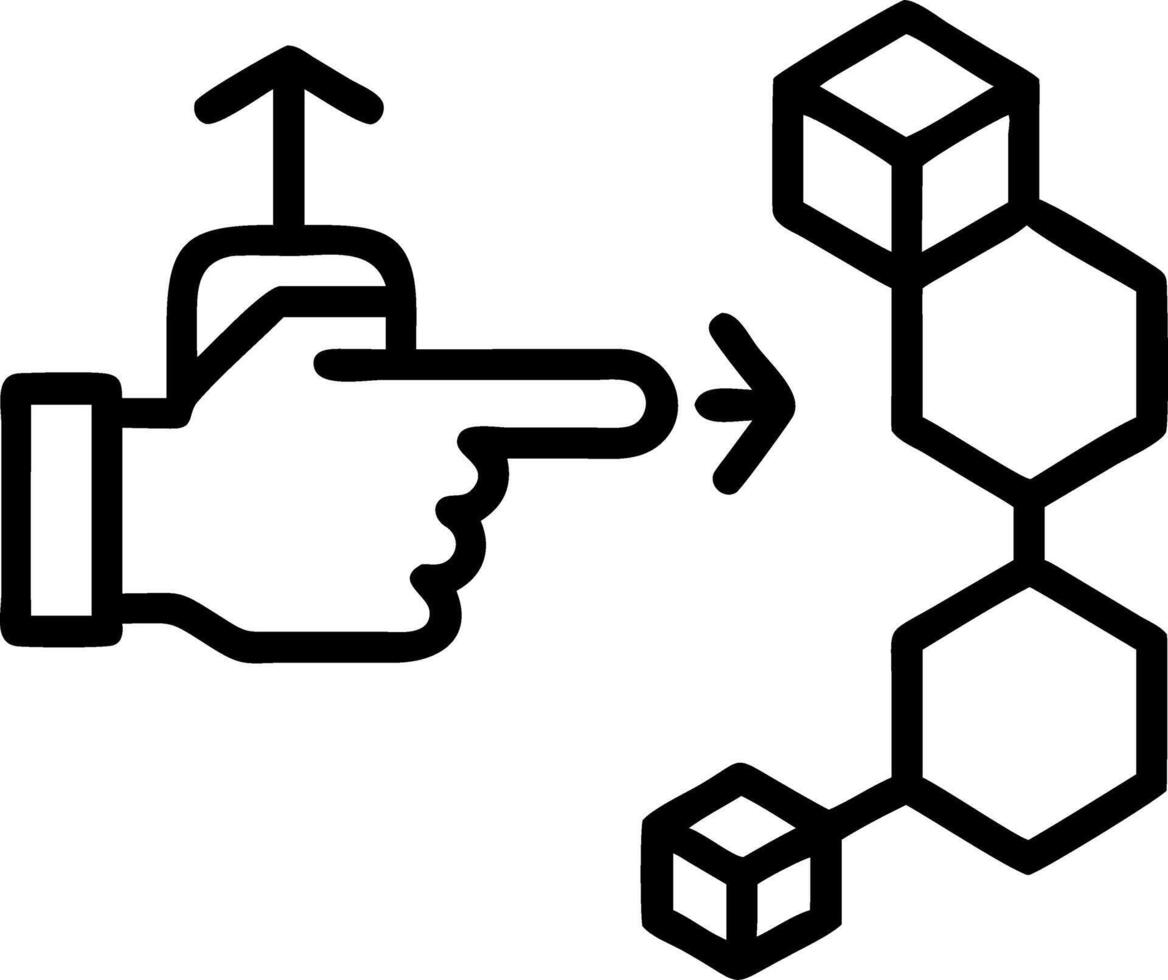 Hexagonal workflow map hand interacting with hexagonal holographic icons linked in a process diagram in a digital workspace vector