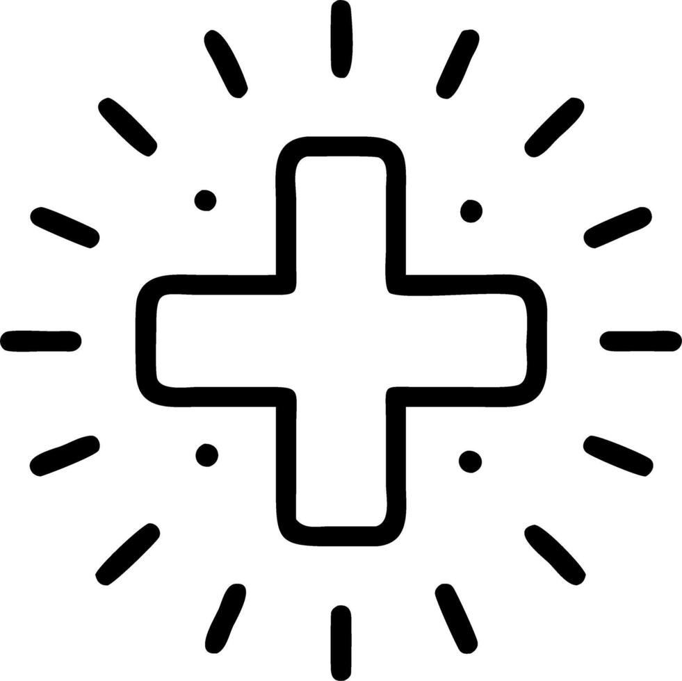 Healthcare Technology A glowing cross symbol surrounded by health related digital icons representing healthcare technology in a digital health interface vector