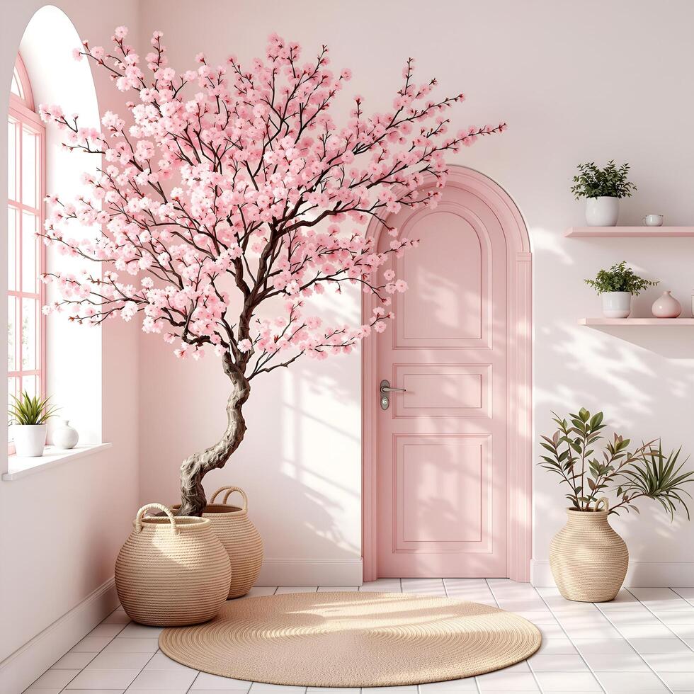 Minimalist Pink Room with Blooming Cherry Tree and Soft Vibes photo
