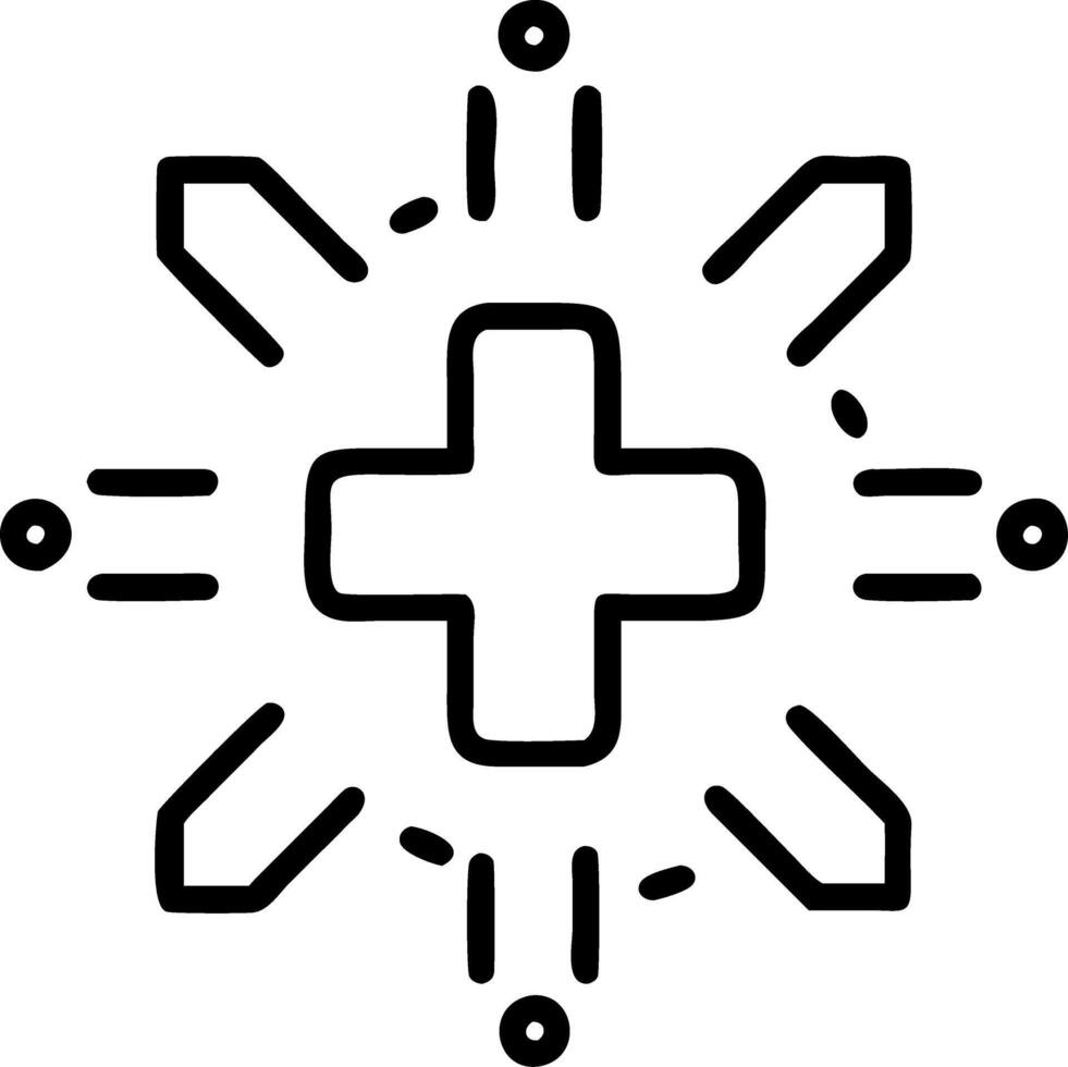 Healthcare Technology A glowing cross symbol surrounded by health related digital icons representing healthcare technology in a digital health interface Set 2 vector
