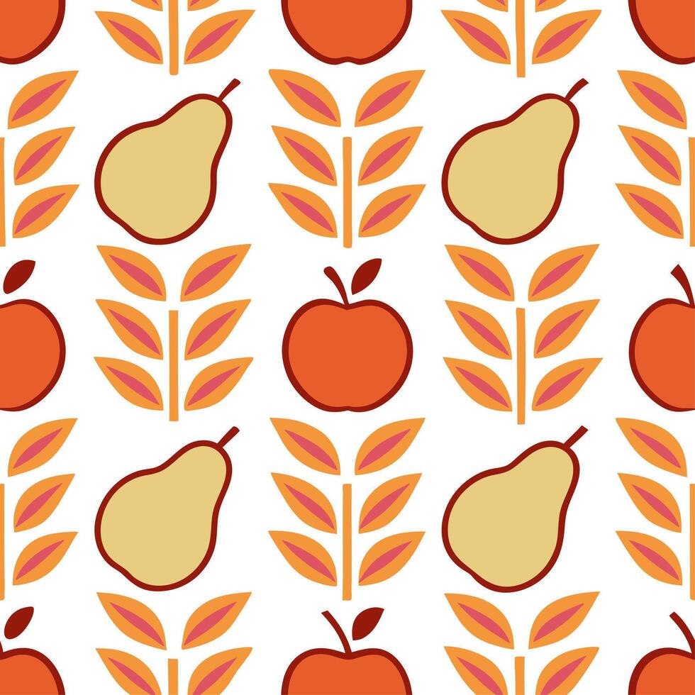 Harvest apple and pear seamless tile pattern with autumn foliage and warm tones vector