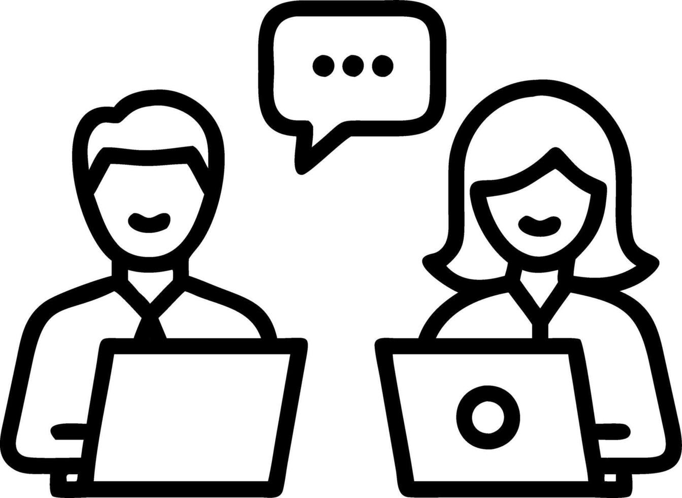 Happy professional smiling businessman and businesswoman having conversation at work executives team of two business people working talking using laptop technology standing in corp Set 6 vector
