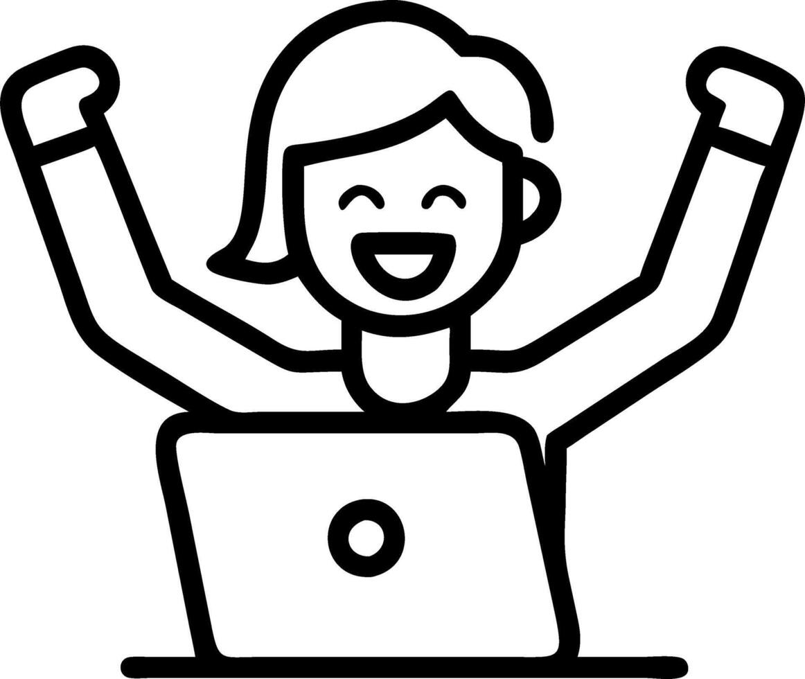 Happy professional young African American business woman executive feels excited about good financial work results celebrating corporate goals achievement sitting with laptop in of vector