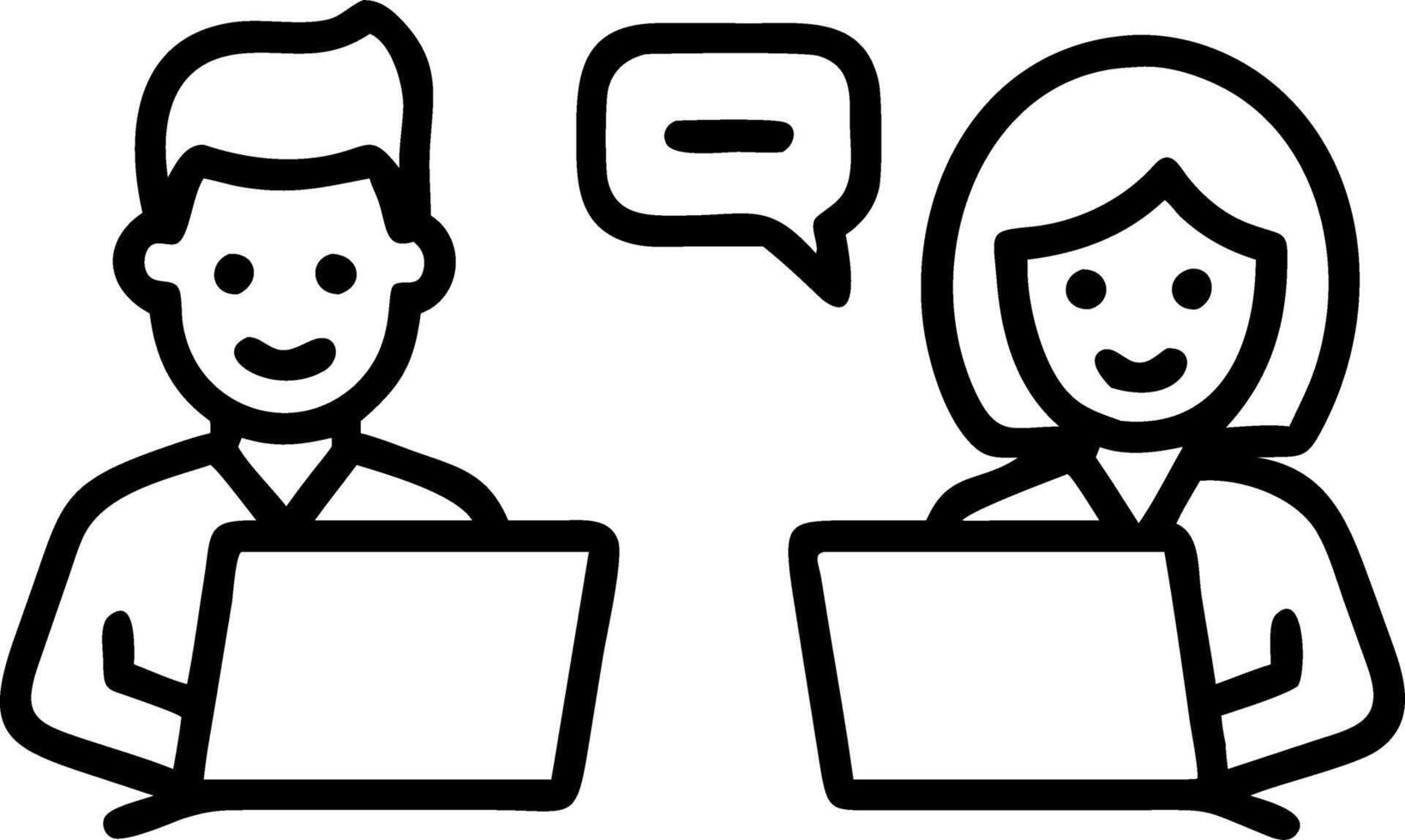 Happy professional smiling businessman and businesswoman having conversation at work executives team of two business people working talking using laptop technology standing in corp Set 5 vector